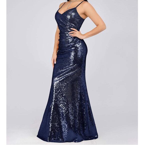 Ever Pretty Navy Blue Sexy Spaghetti Straps Fishtail Sequin Evening Gown US 16 - Picture 3 of 12